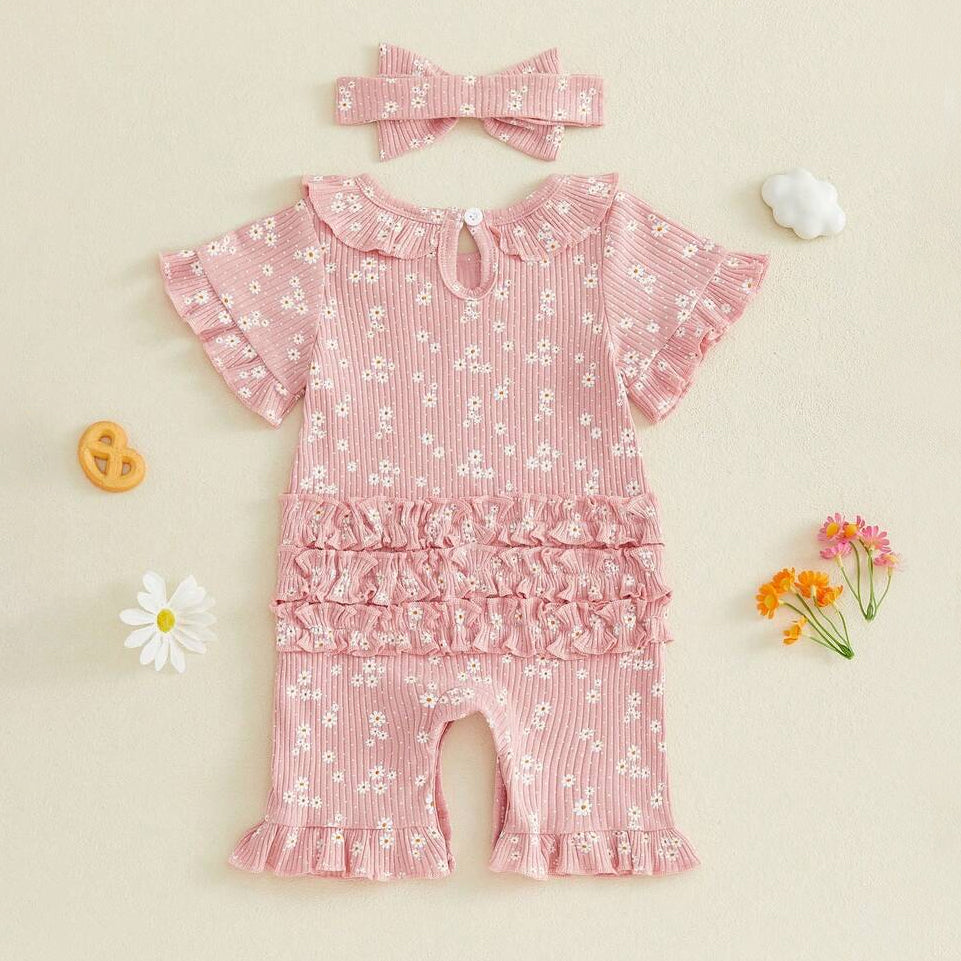 2PCS Sweet All-over Daisy Print Short Sleeve Baby Jumpsuit
