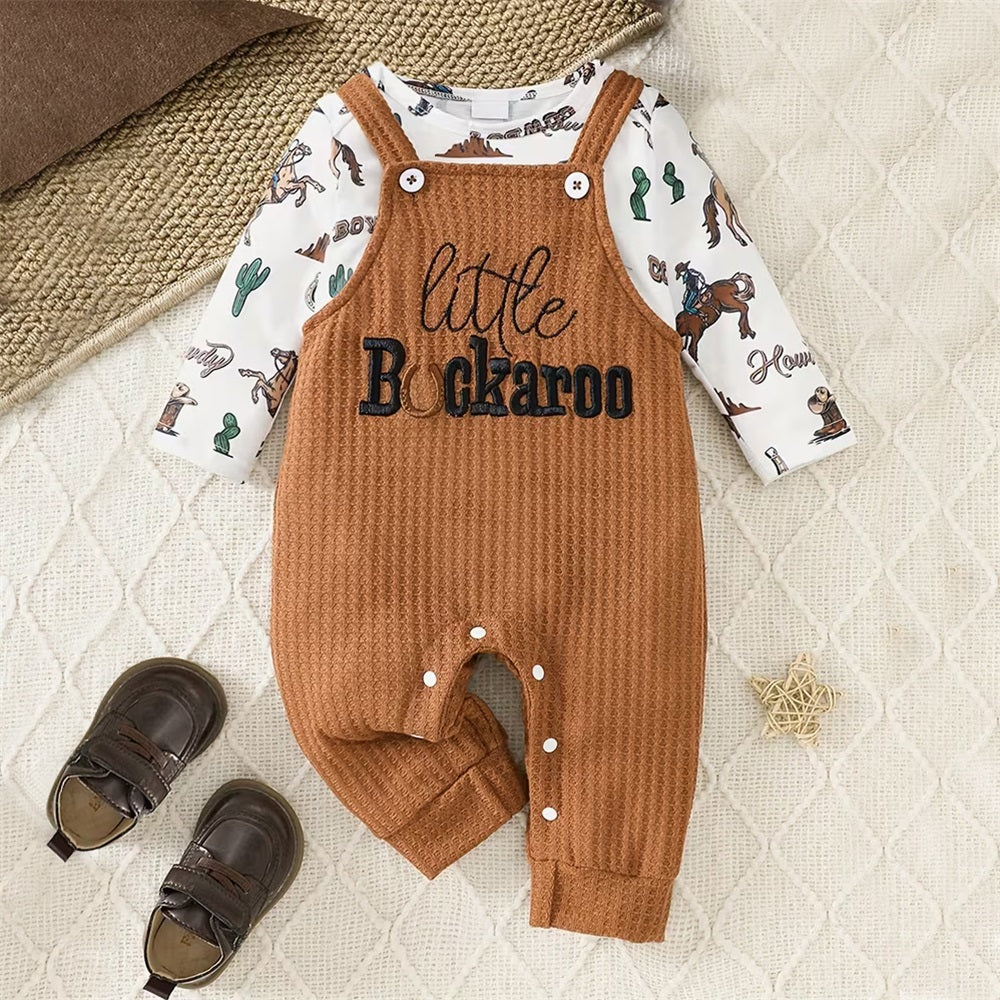 2PCS Cowboy Letter Print Long Sleeve Baby Overalls Set