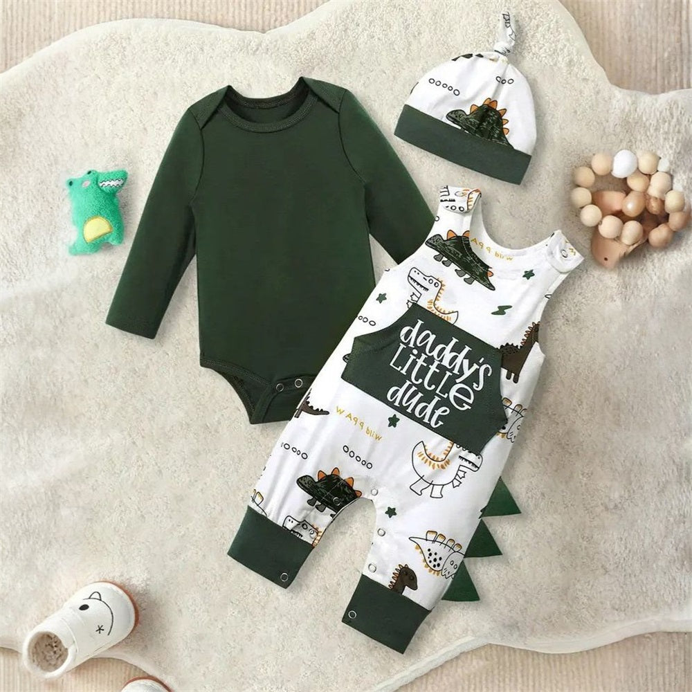 3PCS Daddy's Little Dude Letter Dinosaur Print Baby Overalls Set