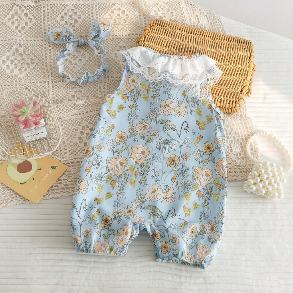 2PCS Grace Floral Print Sleeveless Baby Jumpsuit