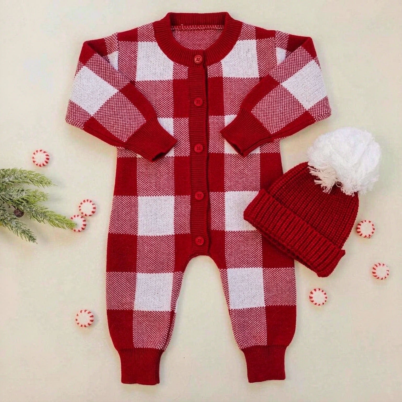 Lovely Plaid Printed Knit Long Sleeve Baby Jumpsuit