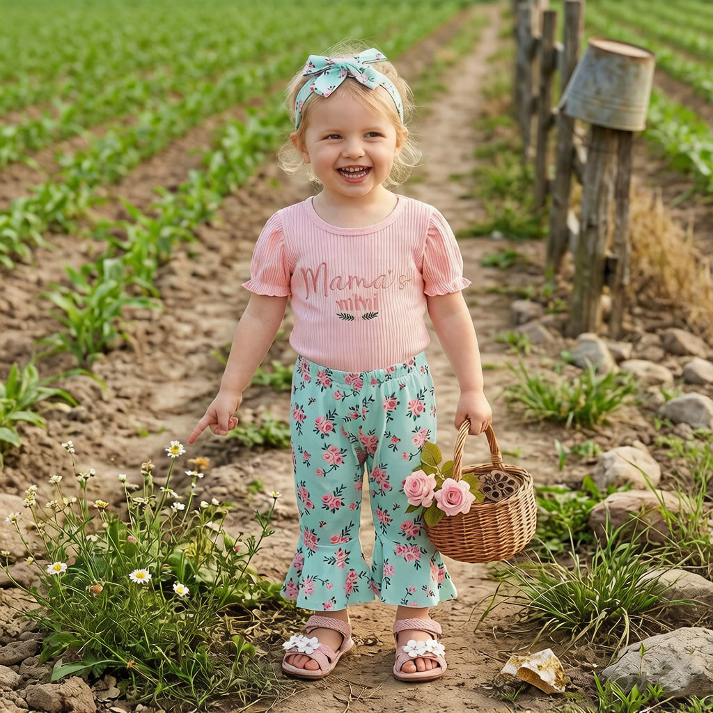 3PCS Mama's Mini Letter Floral Print Short Sleeve Baby Set