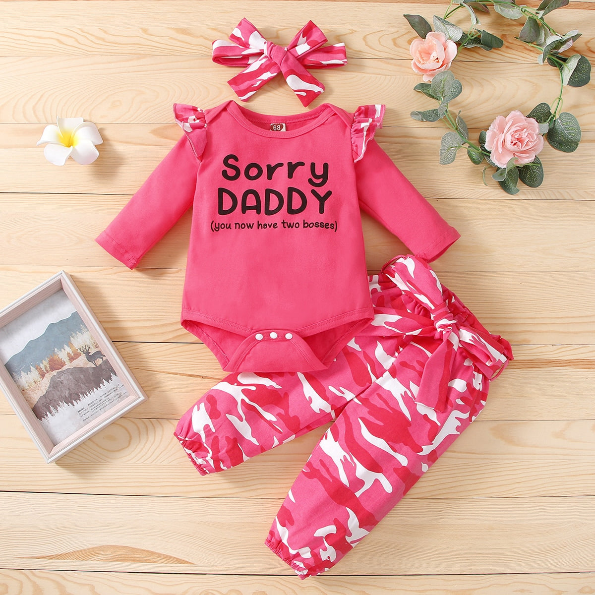 3PCS Sorry Daddy Letter Camouflage Print Baby Set