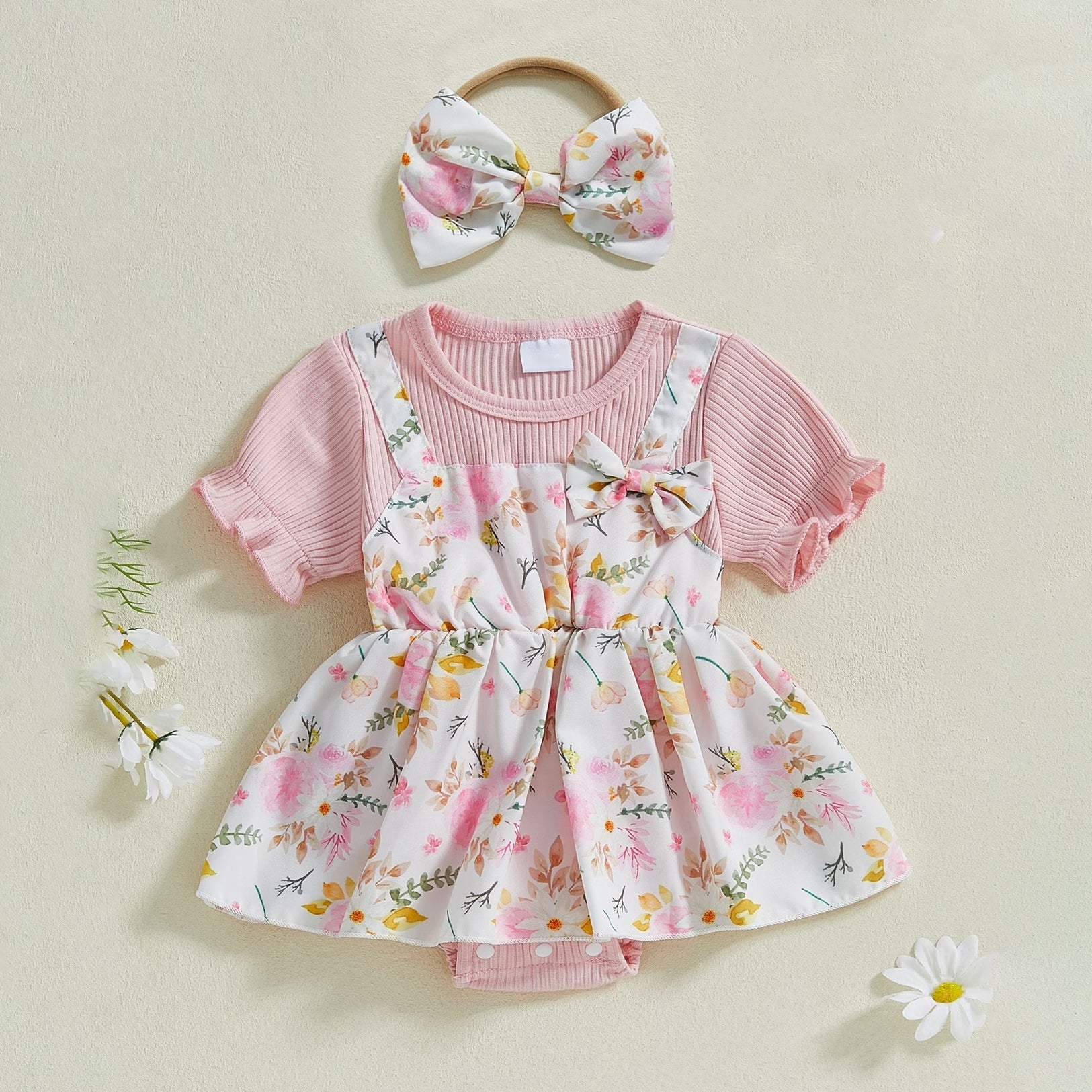 2PCS Gorgeous Floral Print Short Sleeve Baby Romper