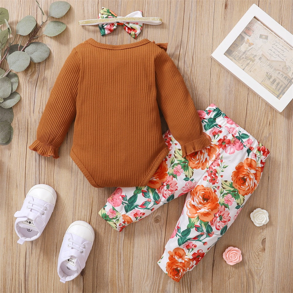 3PCS Casual Floral Print Long Sleeve Baby Set