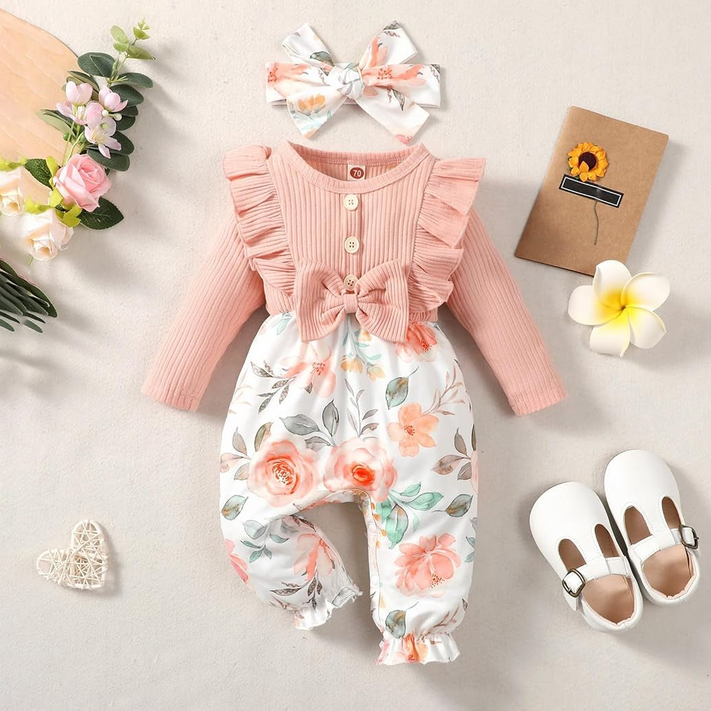 2PCS Grace Floral Printed Ruffle Baby Girl Jumpsuit