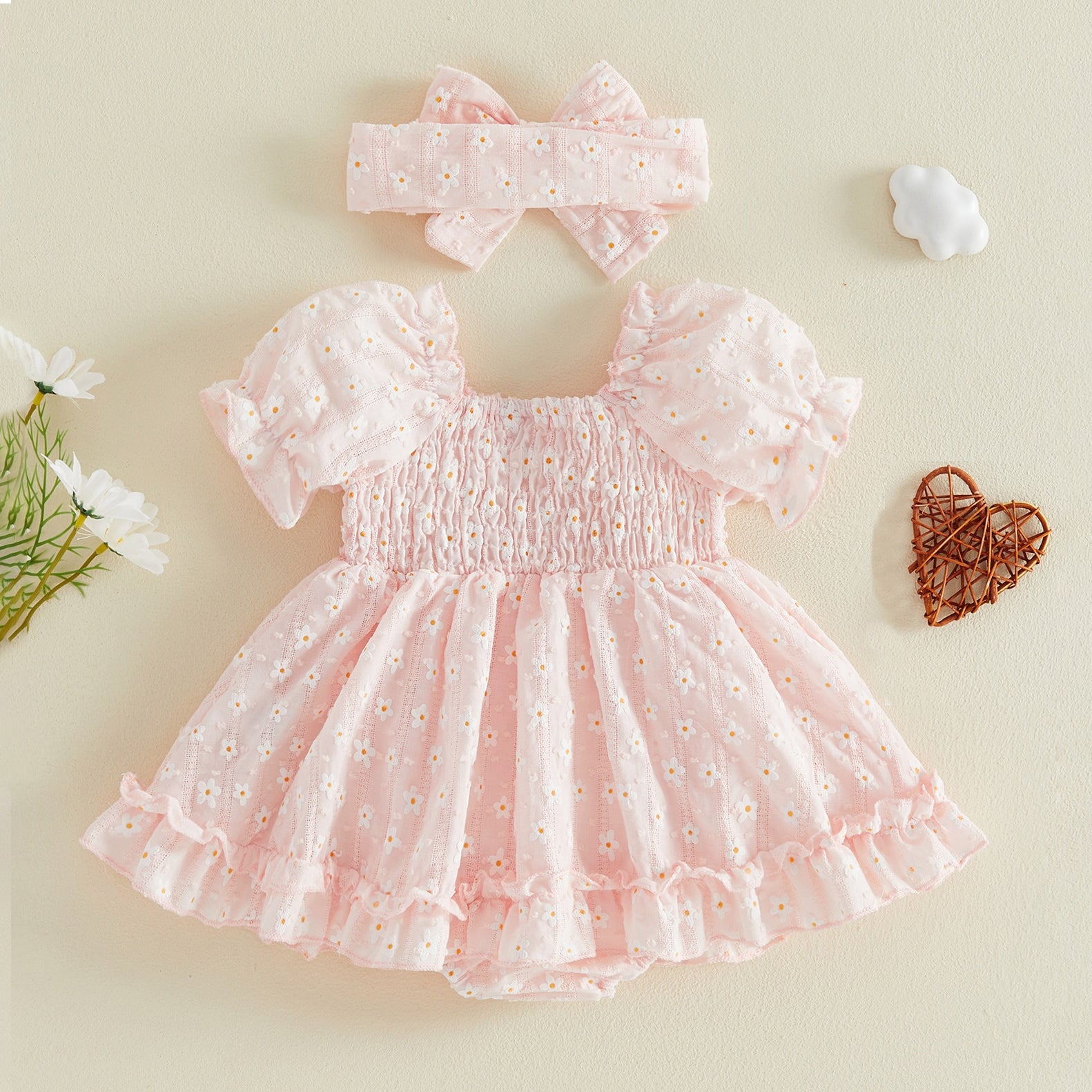 2PCS Elegant Floral Embroidery Short Sleeve Baby Romper
