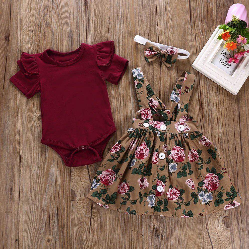Conjunto de bebé de 3 piezas de body de manga corta con falda floral