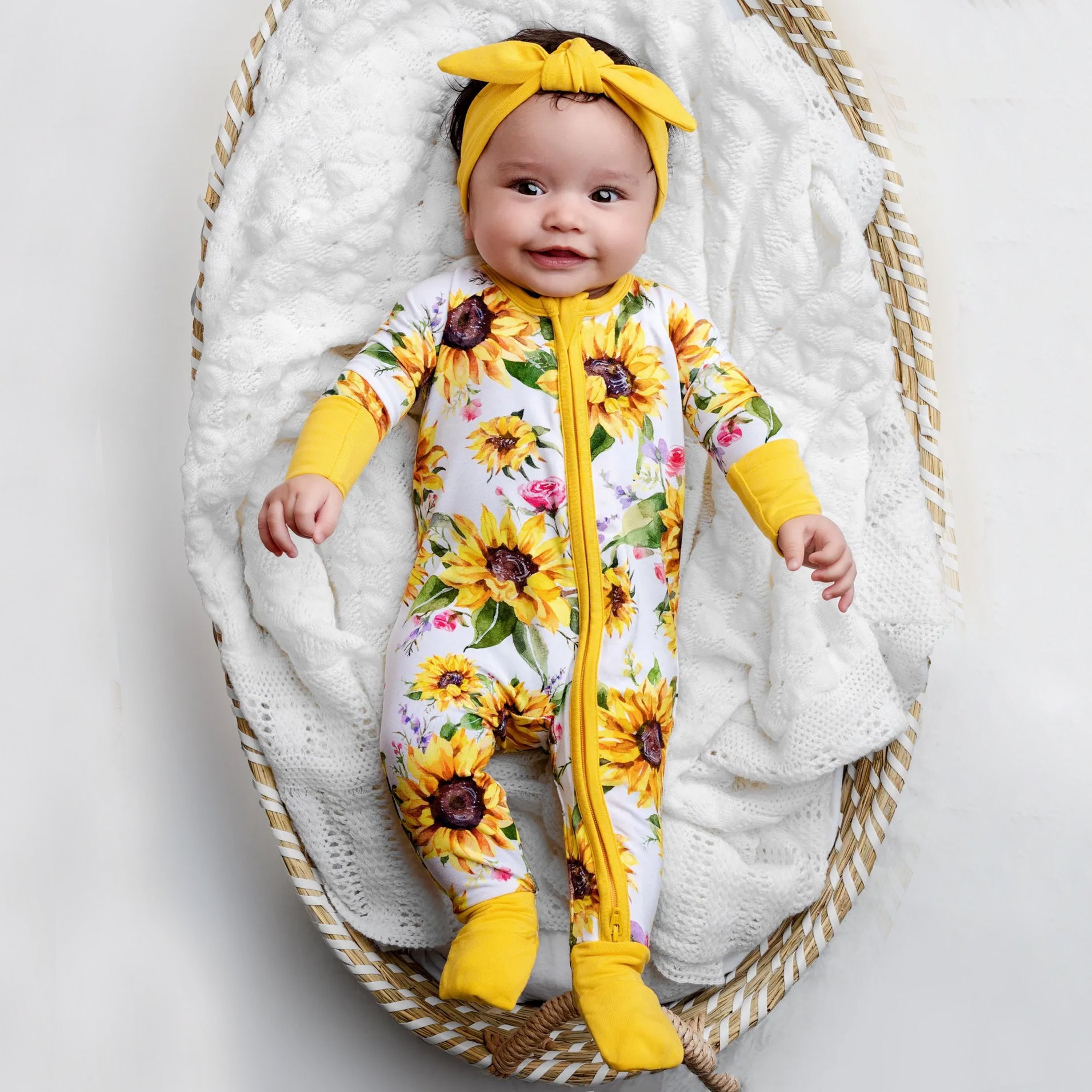 2PCS Sunflower Printed Zipper Bamboo Viscose Baby Jumpsuit