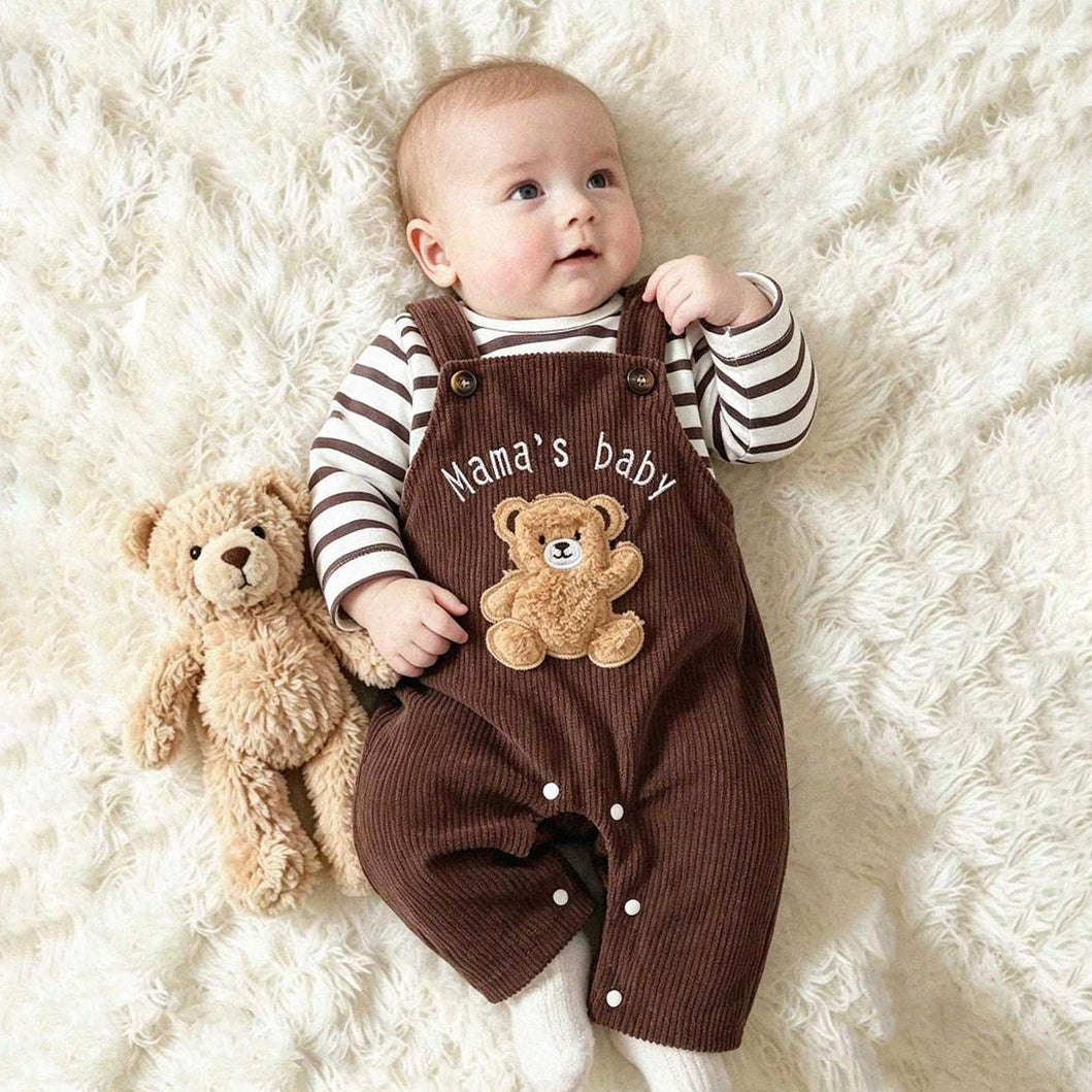 2PCS Mama's Boy Letter Bear Stripe Print Long Sleeve Baby Overalls Set