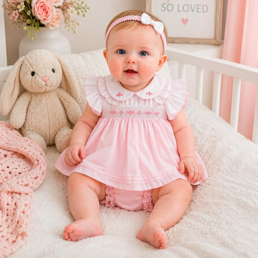 2PCS Sweet Floral Embroidered Flutter Sleeve Baby Girl Set