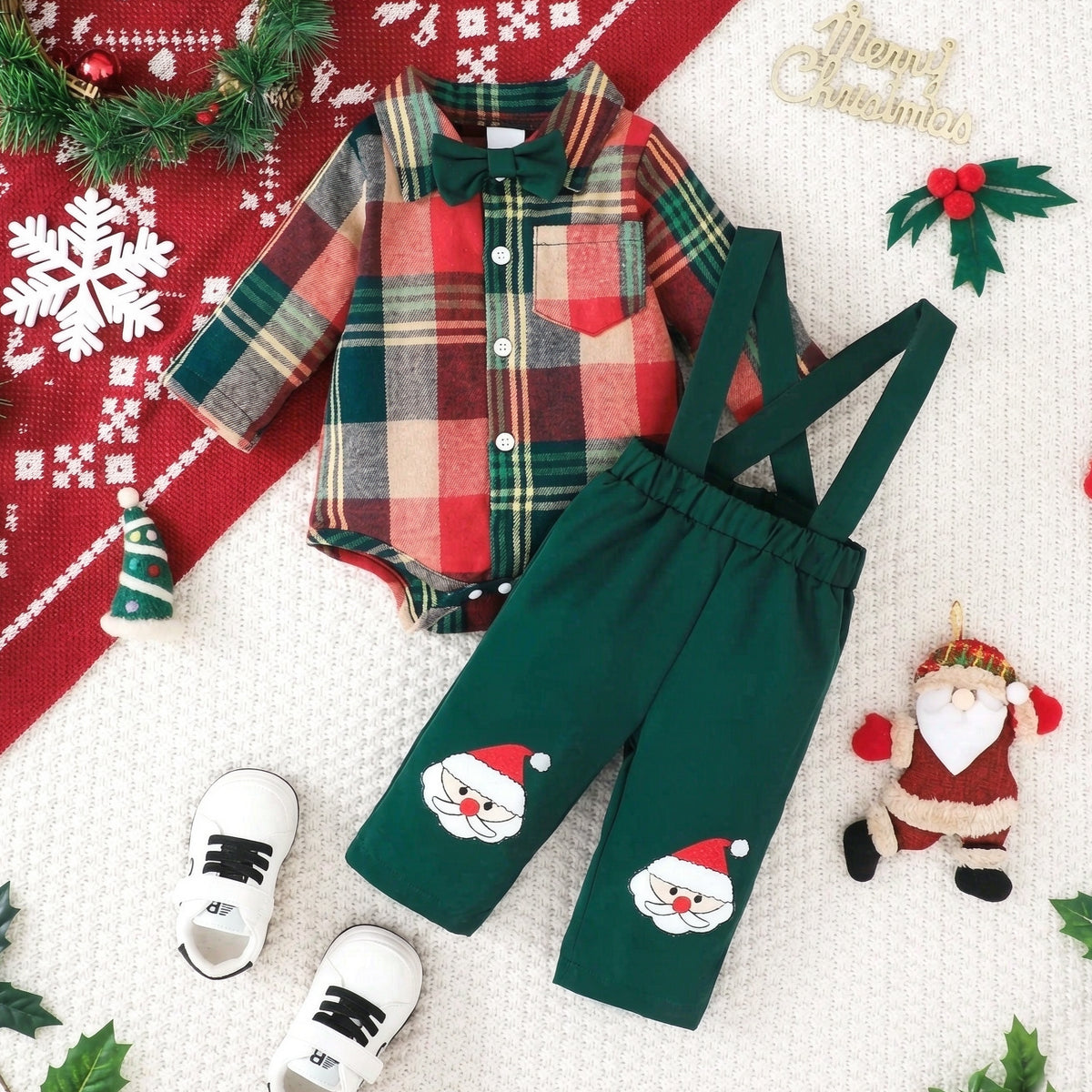 2PCS Stylish Santa Plaid Print Long Sleeve Baby Boy Overalls Set