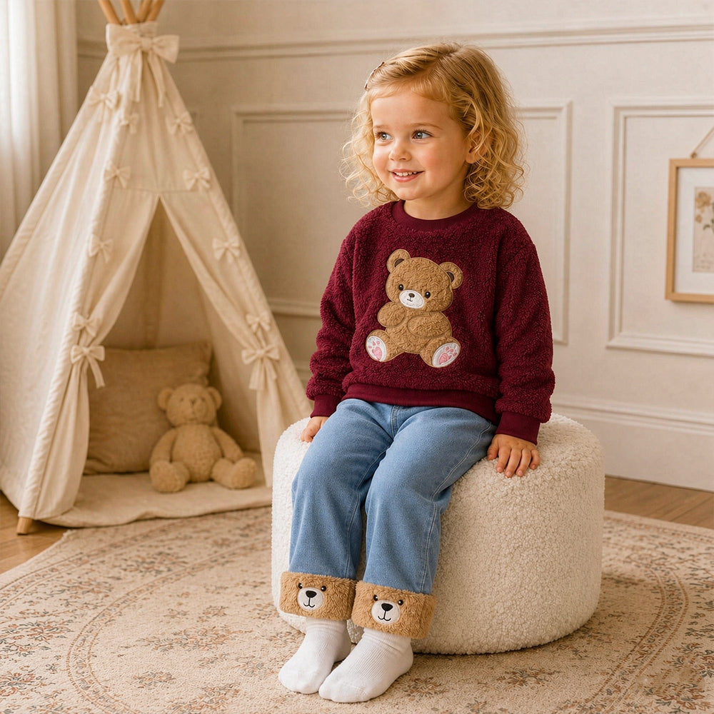 2PCS Lovely Bear Applique Sherpa Fleece Baby Girl Denim Set