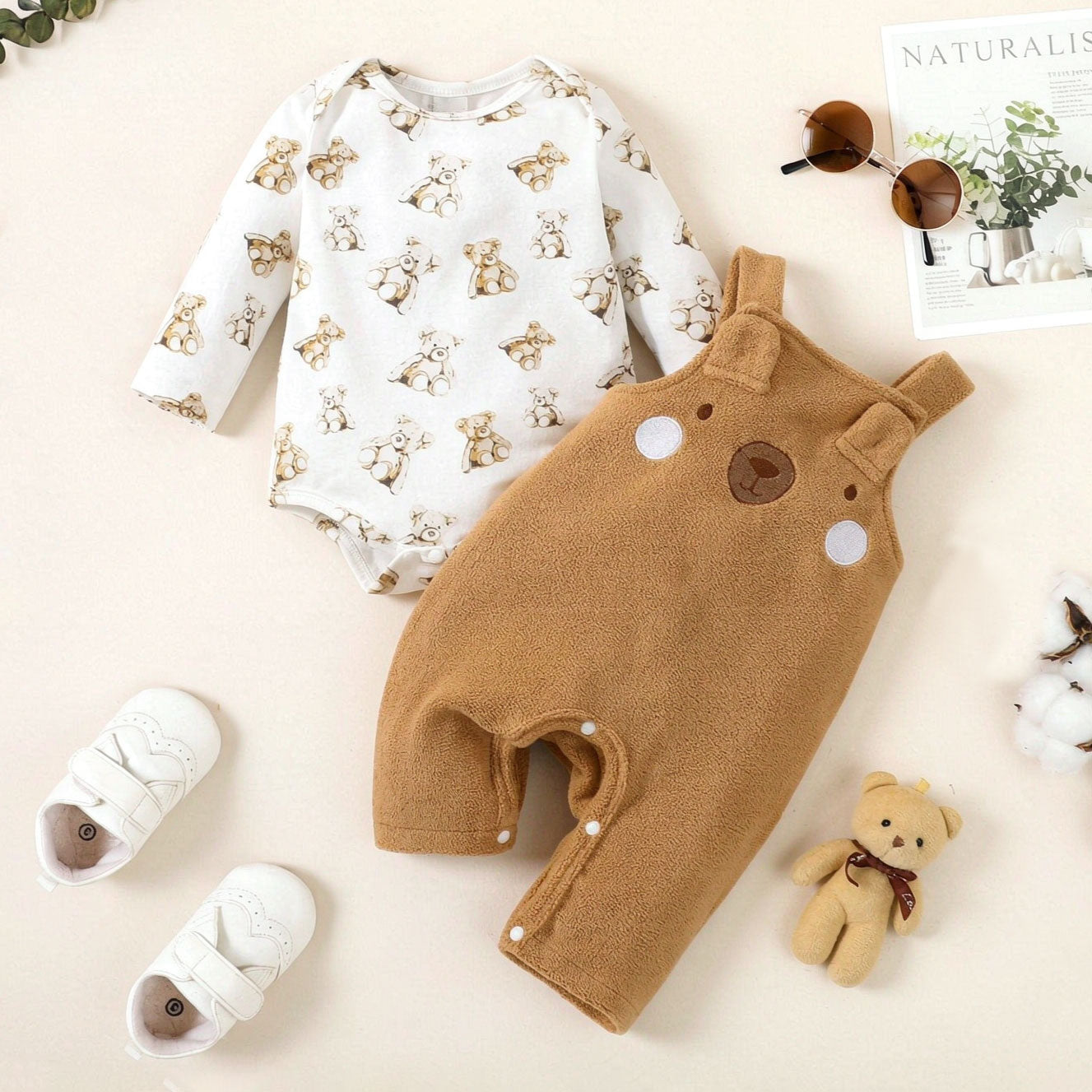 2PCS Adorable Bear Print Long Sleeve Overalls Baby Set