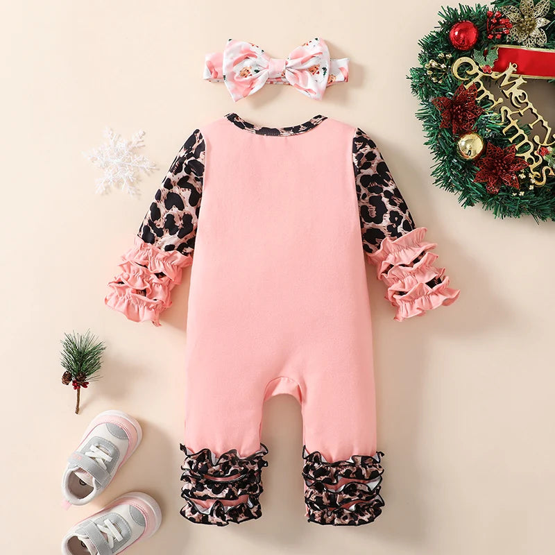 2PCS Christmas Santa Claus Embroidered Leopard Print Baby Jumpsuit