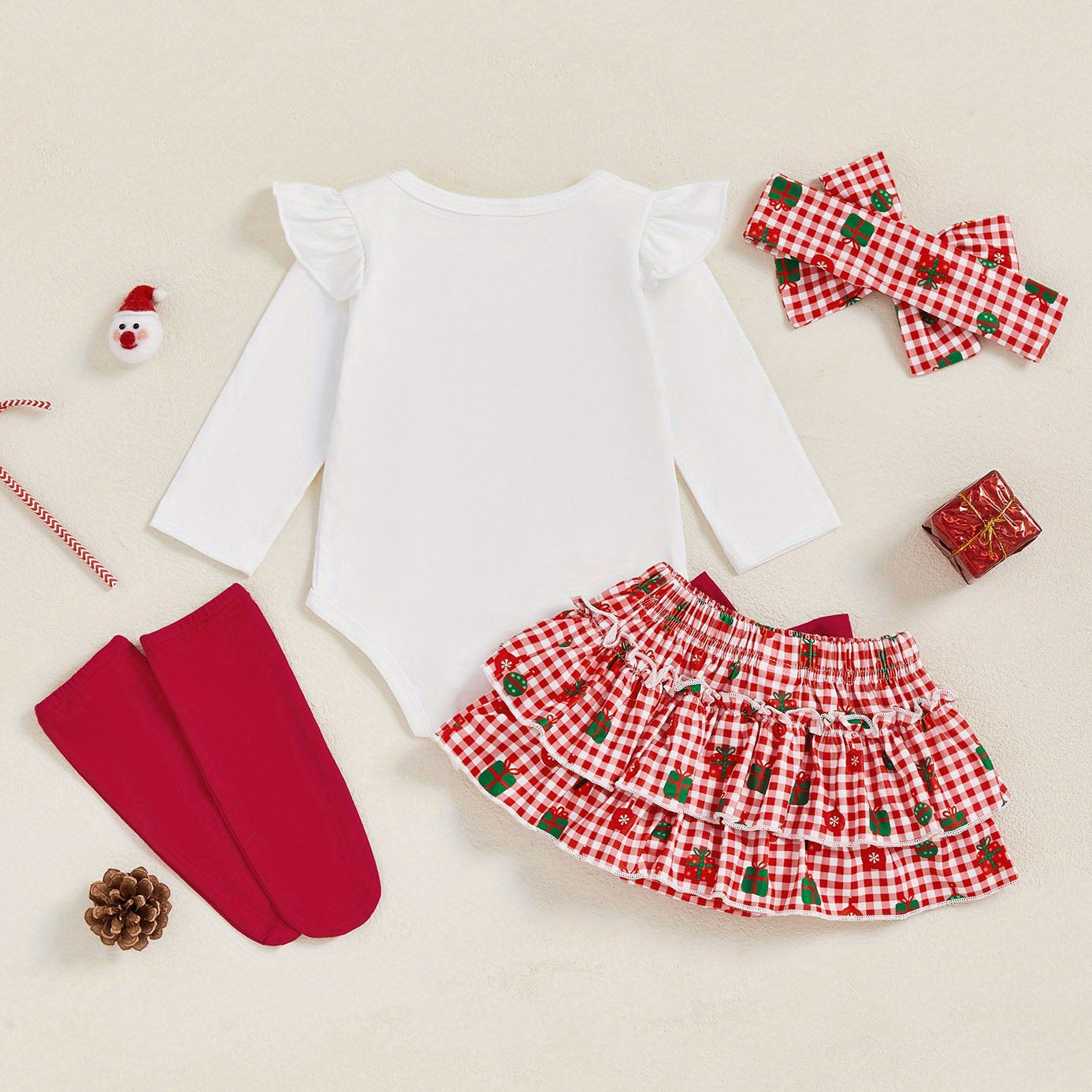 4PCS My 1st Christmas Letter Gift Plaid Print Baby Set