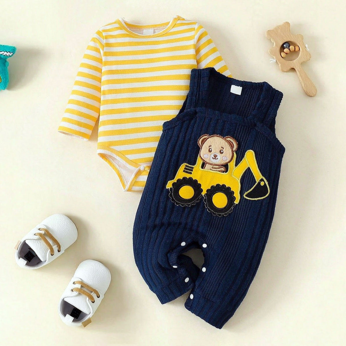 2PCS Lovely Bear Excavator Embroidery Long Sleeve Baby Set