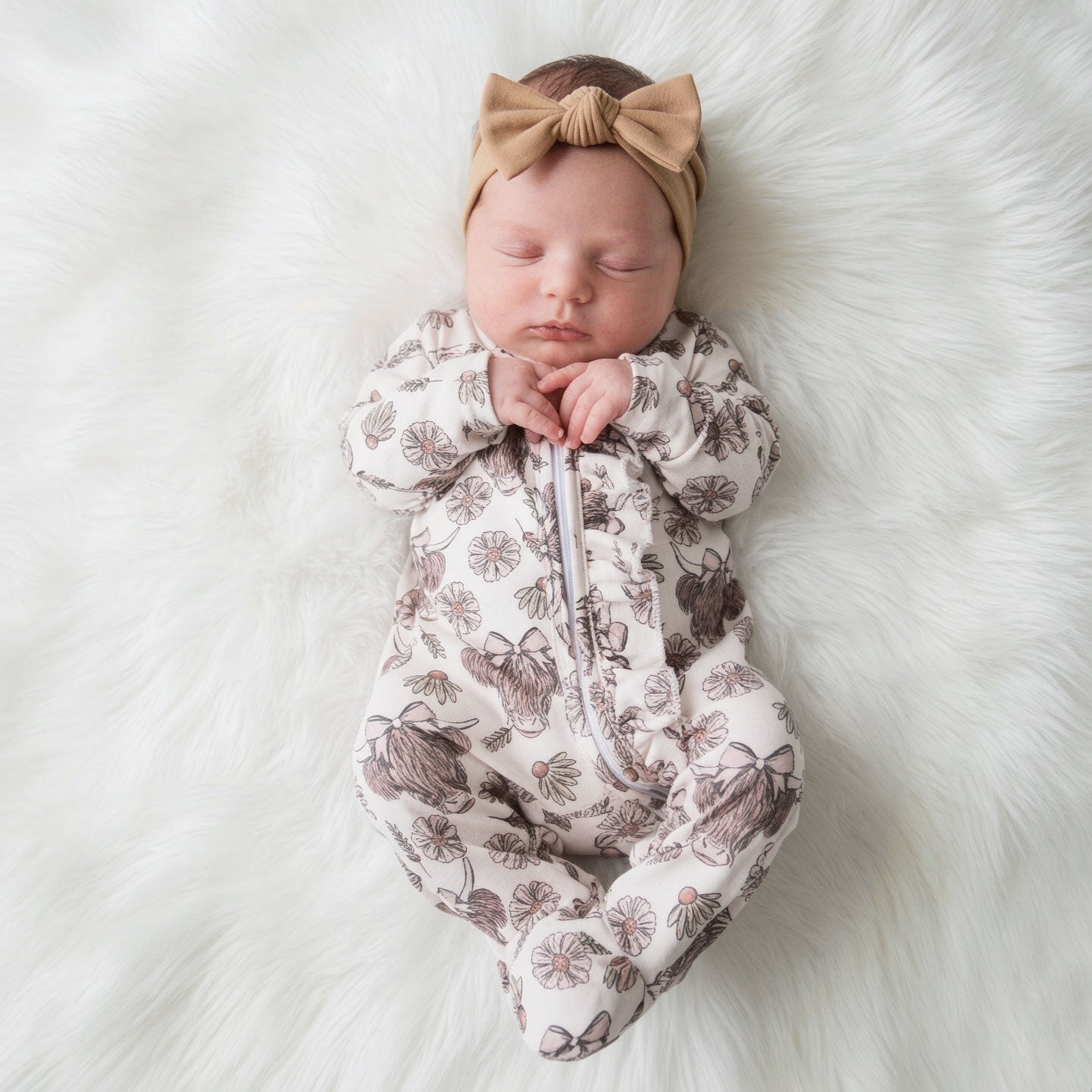 Pretty Cow Floral Printed Long Sleeve Zipper Baby Jumpsuit
