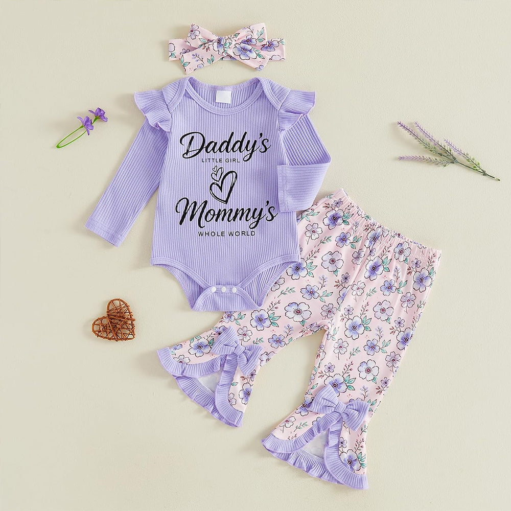 3PCS Daddy's Little Girl Mommy's Whole World Letter Floral Print Baby Set