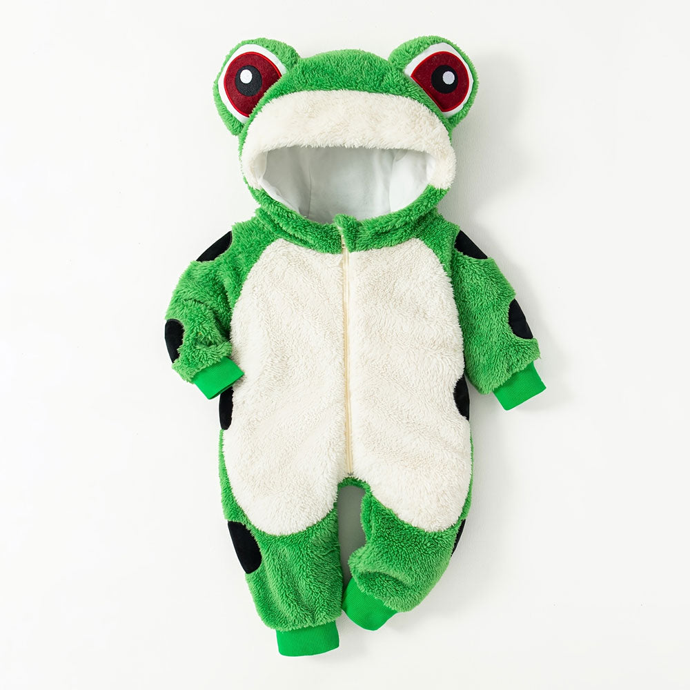 3D Fuzzy Frog Design Zipper Hoodie Baby Jumpsuit