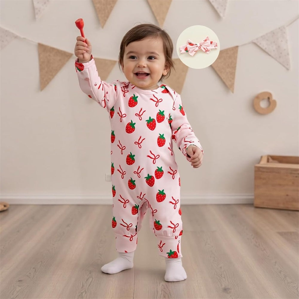 2PCS Sweet Strawberry Bow Print Long Sleeve Baby Jumpsuit