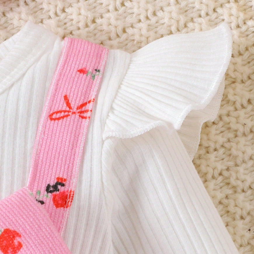 2PCS Lovely Floral Bow Printed Ruffle Baby Jumpsuit