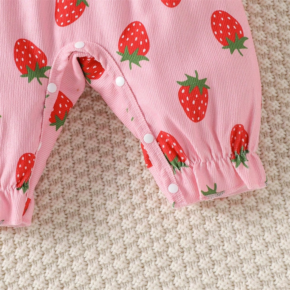 2PCS Sweet Strawberry Print Long Sleeve Baby Jumpsuit