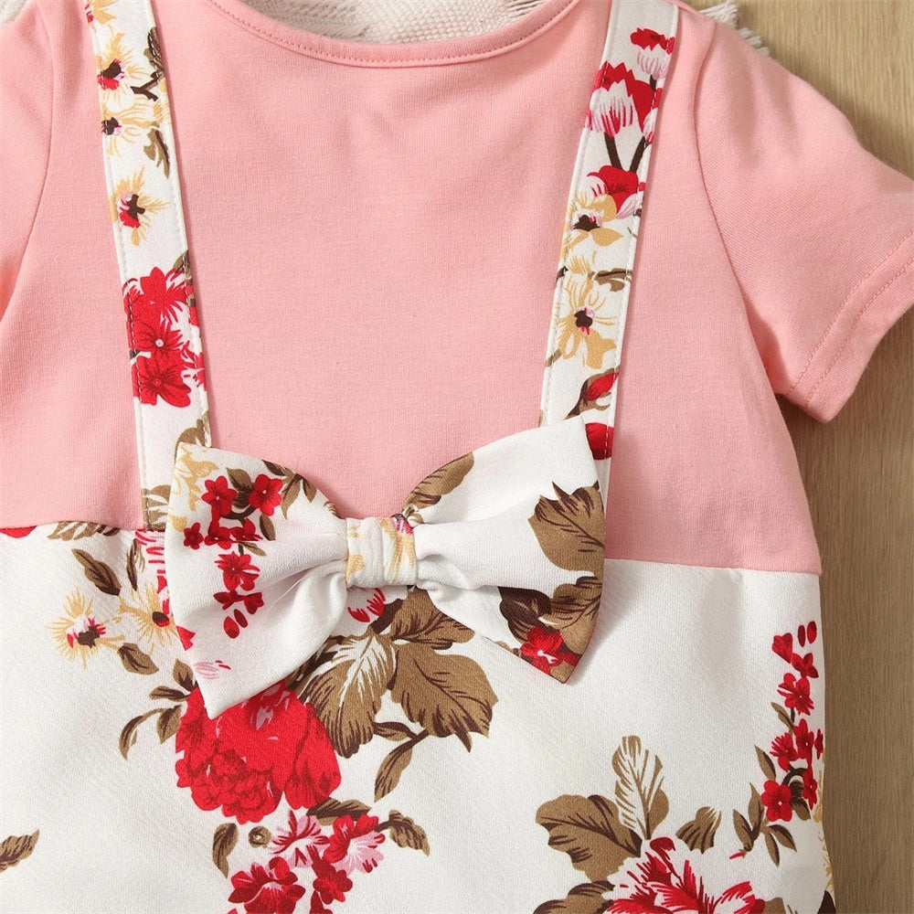 2PCS Floral Printed Bow Decoration Short Sleeve Baby Jumpsuit