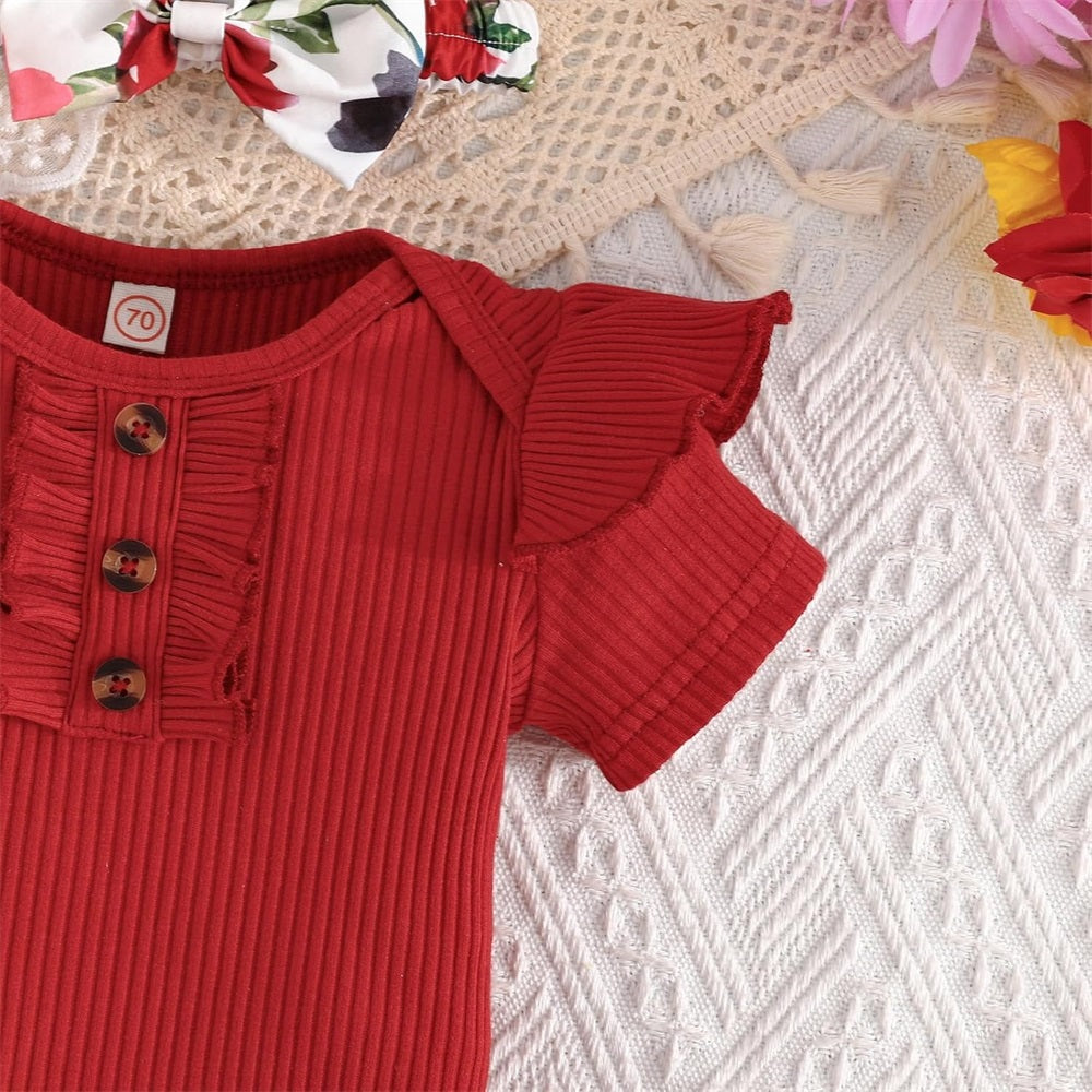 3PCS Comfy Floral Print Short Sleeve Baby Set