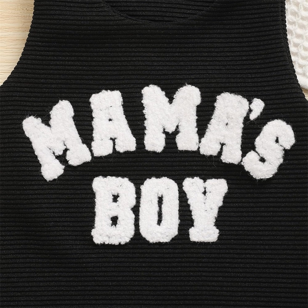 3PCS Mama's Boy Letter Embroidery Striped Baby Overalls Set