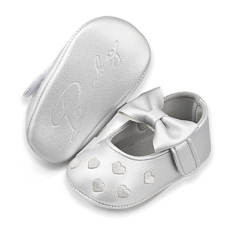Embroidered Heart Bow Soft Sole Baby Prewalker Shoes