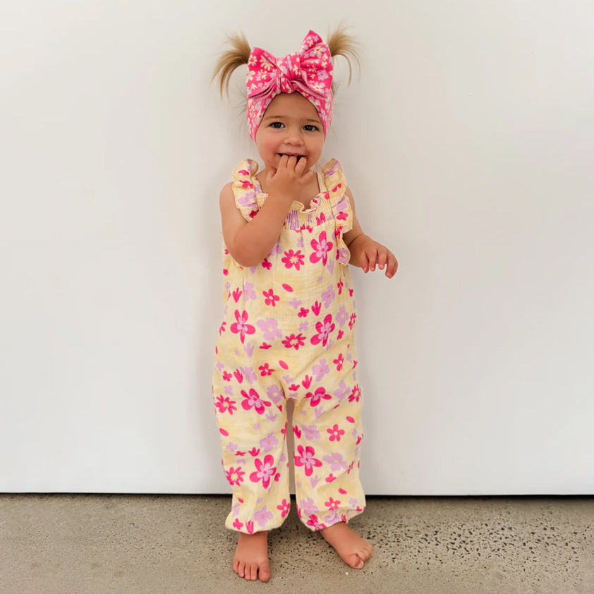 Charming Floral Print Flounce Sleeve Baby Jumpsuit
