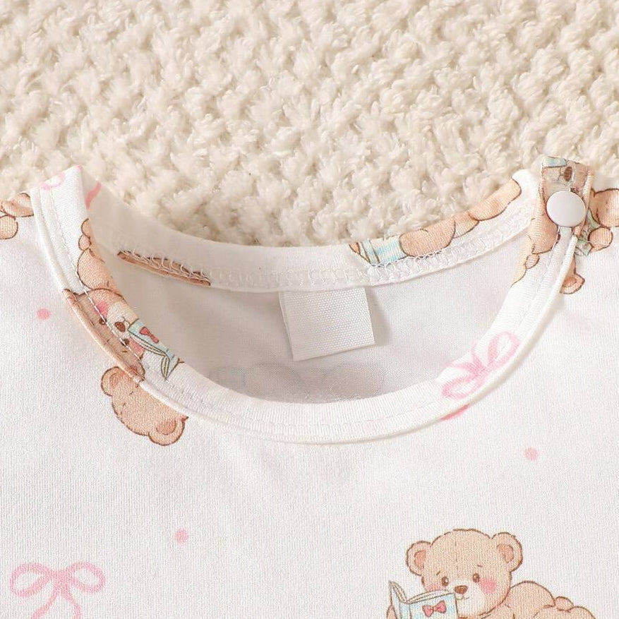 2PCS Cute Teddy Bear Print Denim Short Sleeve Overalls Baby Set