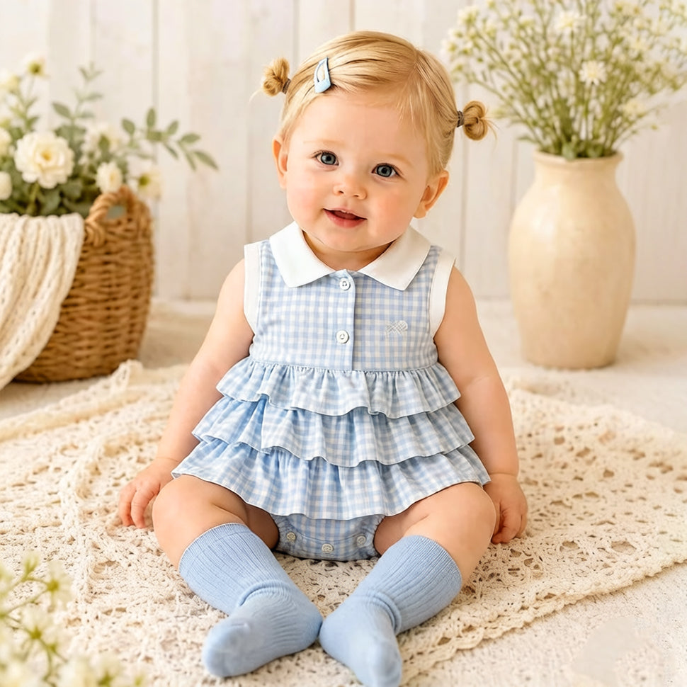 Stylish Plaid Print Ruffled Design Sleeveless Baby Romper