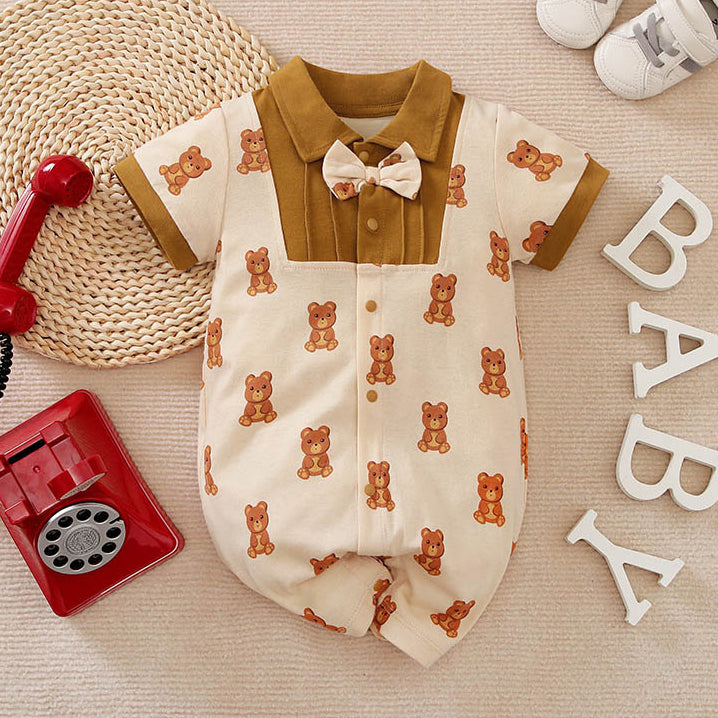 Lovely Teddy Bear Print Short Sleeve Baby Boy Jumpsuit