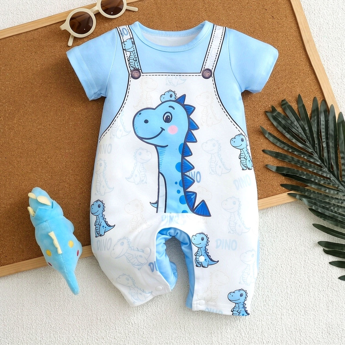 Adorable Dinosaur Print Short Sleeve Baby Boy Jumpsuit