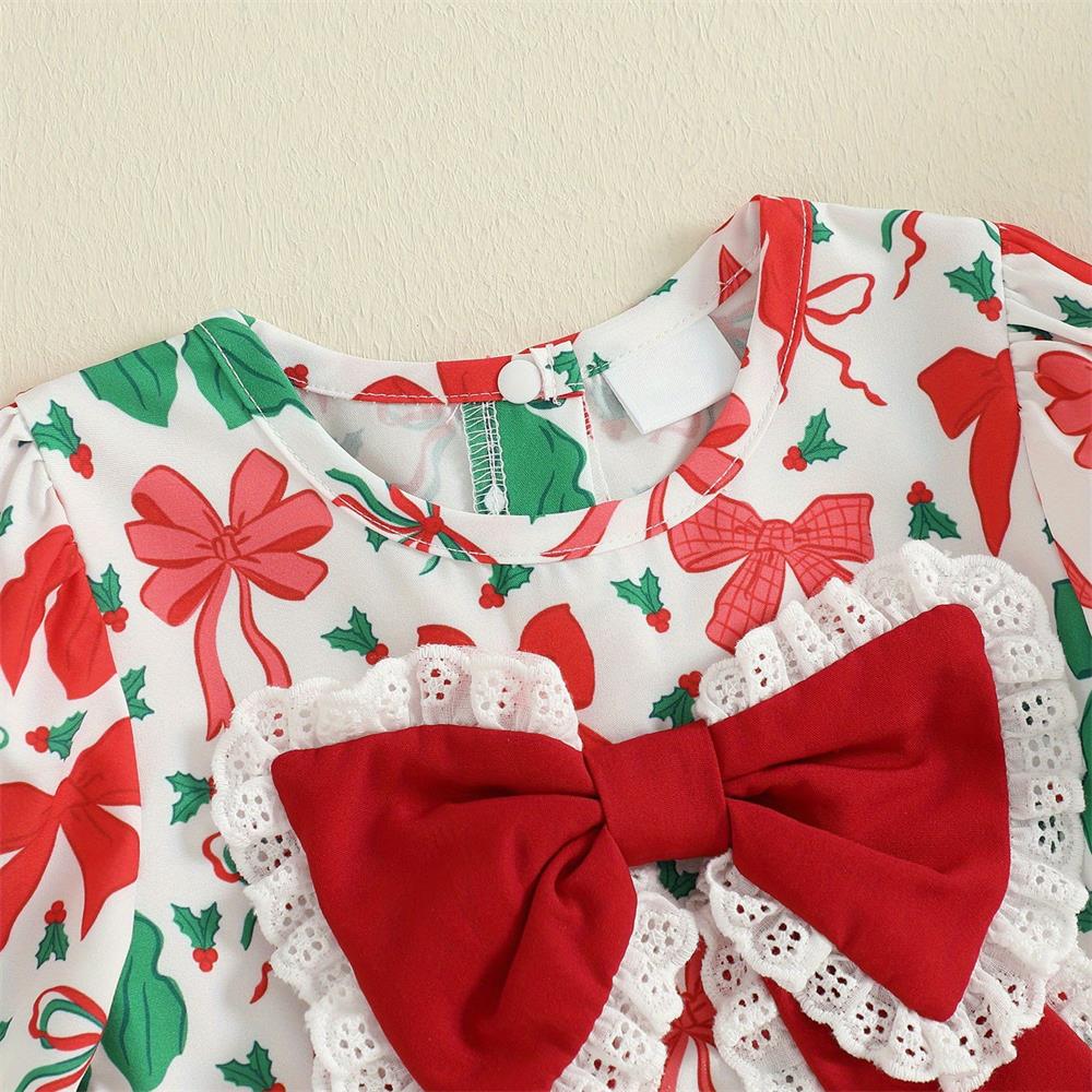 Christmas Bow Print Long Sleeve Baby Girl Romper