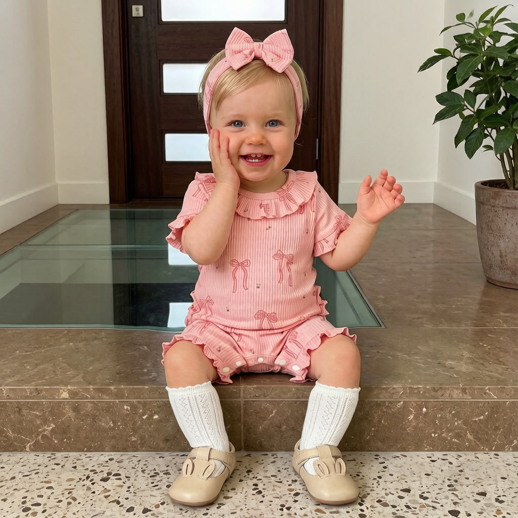 2PCS Elegant Bow Print Short Sleeve Baby Jumpsuit