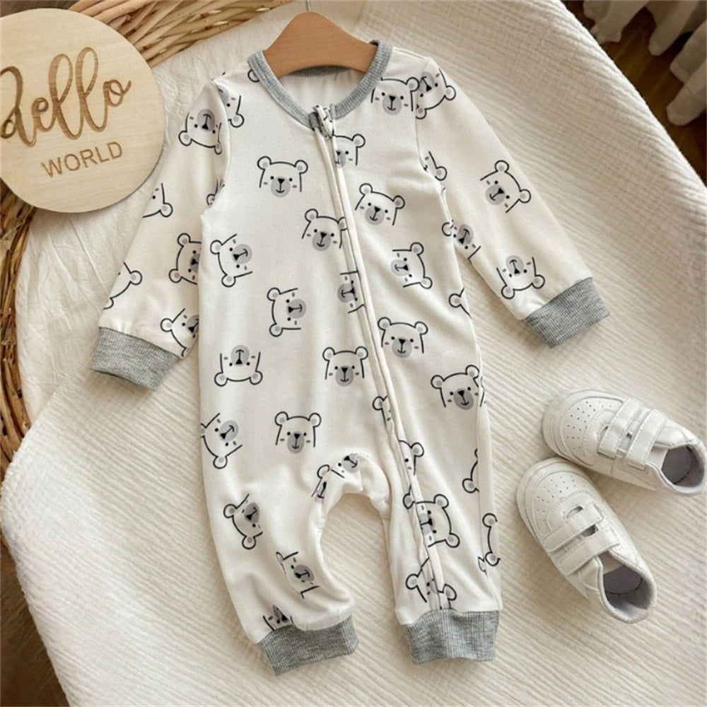Casual Bear Printed Long Sleeve Zipper Baby Jumpsuit