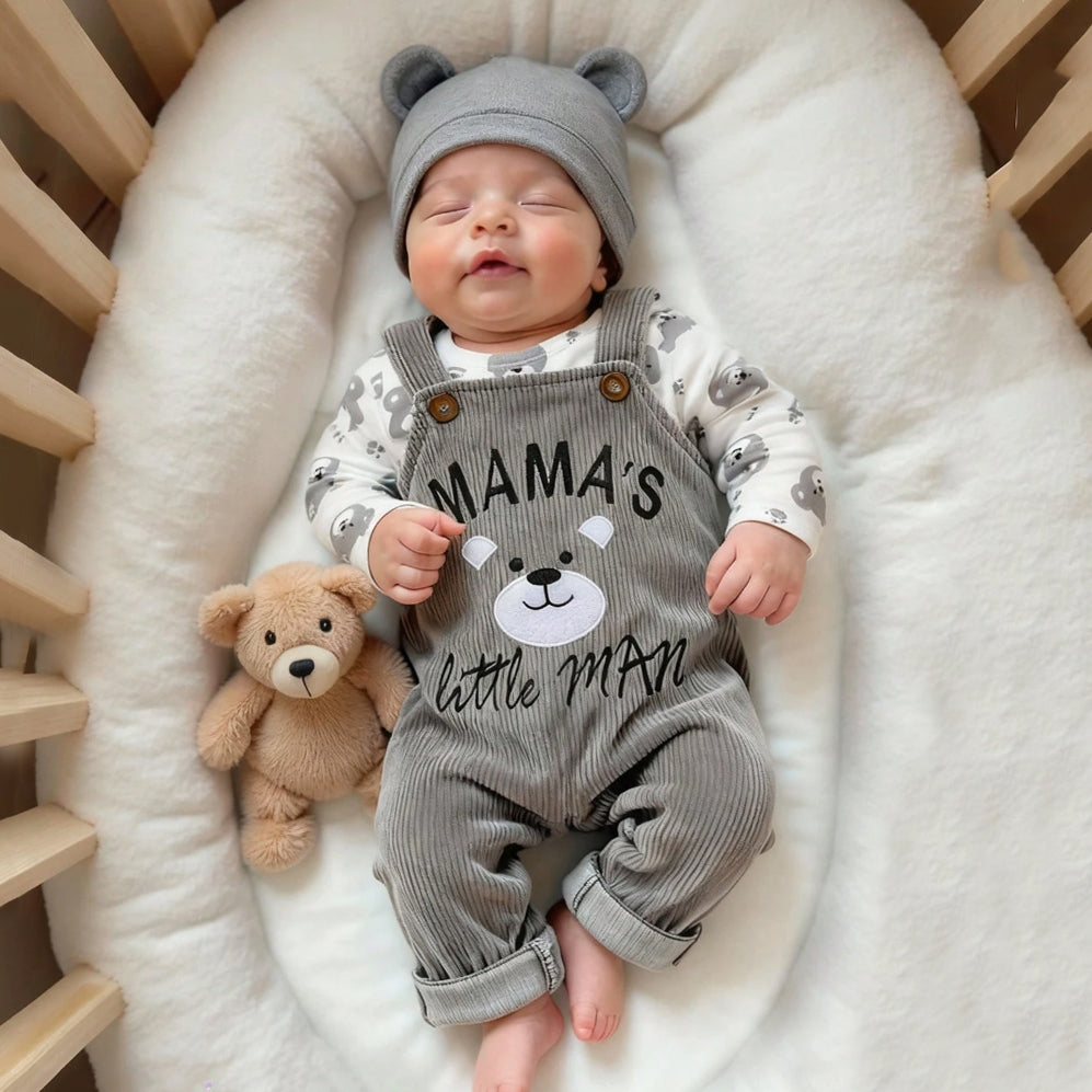 2PCS Mama's Little Man Letter Bear Print Overalls Baby Set