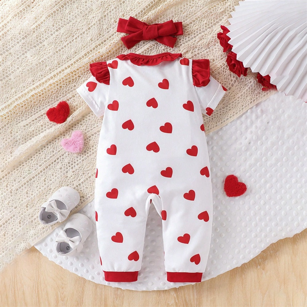 2PCS Cute Heart Print Frill Trim Short Sleeve Baby Jumpsuit
