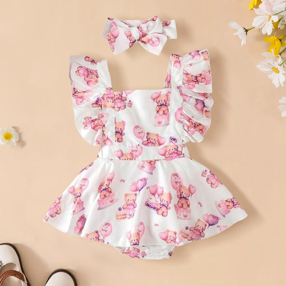 2PCS Lovely Bear Printed Ruffle Trim Baby Romper