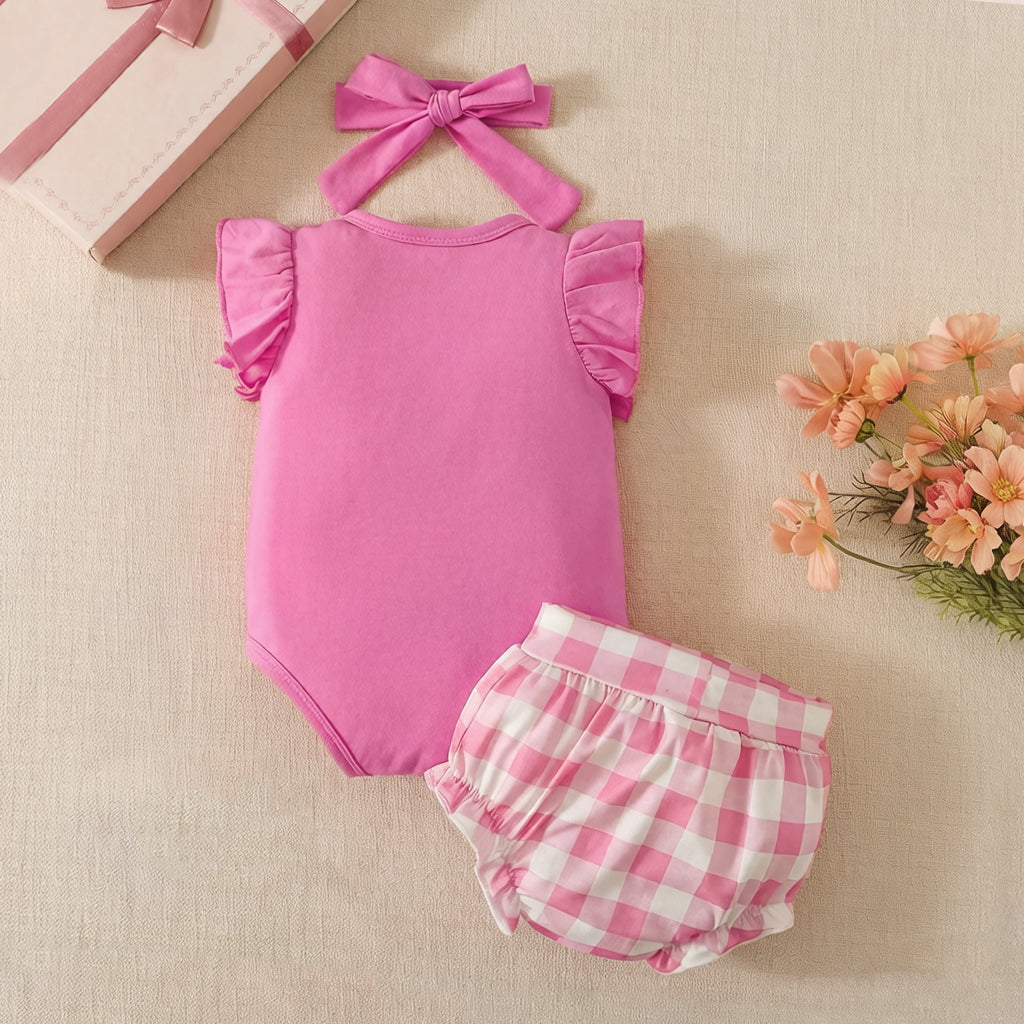 3PCS Cute Strawberry & Plaid Print Flutter Sleeve Baby Set