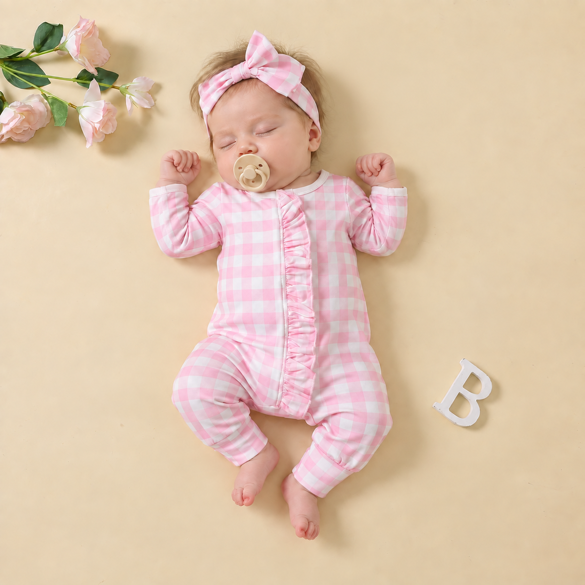 2PCS Lovely Plaid Printed Long Sleeve Baby Jumpsuit