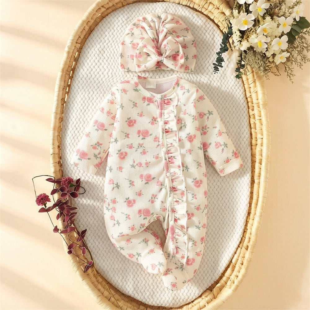2PCS Comfy Floral Printed Ruffle Long Sleeve Baby Girl Jumpsuit