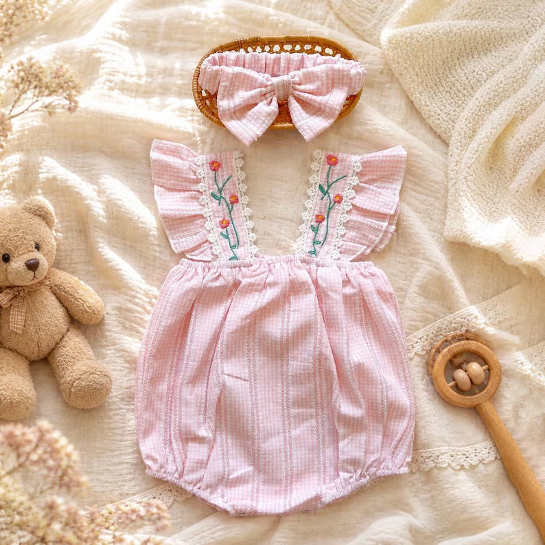 2PCS Lovely Floral Embroidery Flutter Sleeve Baby Romper