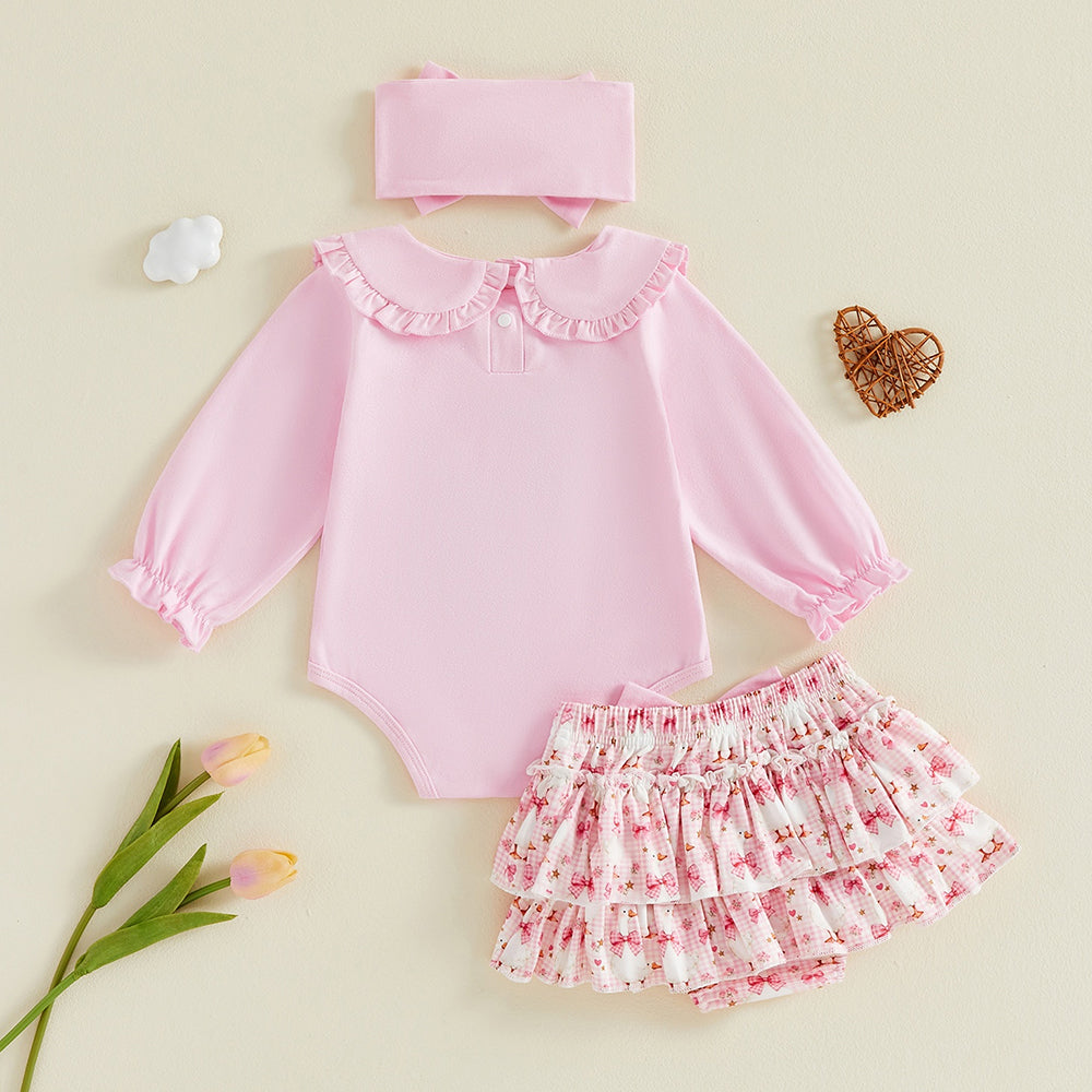 3PCS Duck Embroidery Bow Printed Long Sleeve Baby Girl Set