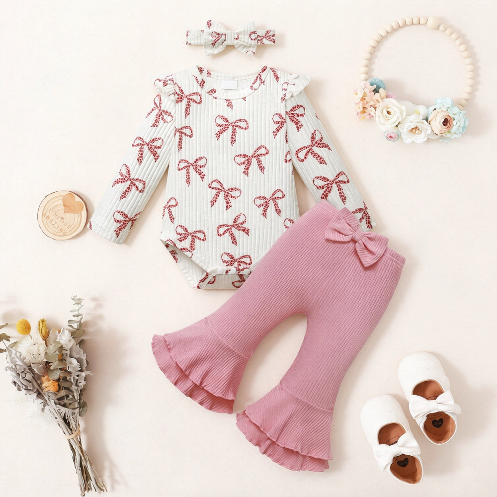3PCS Exquisite Bow Printed Long Sleeve Baby Girl Set