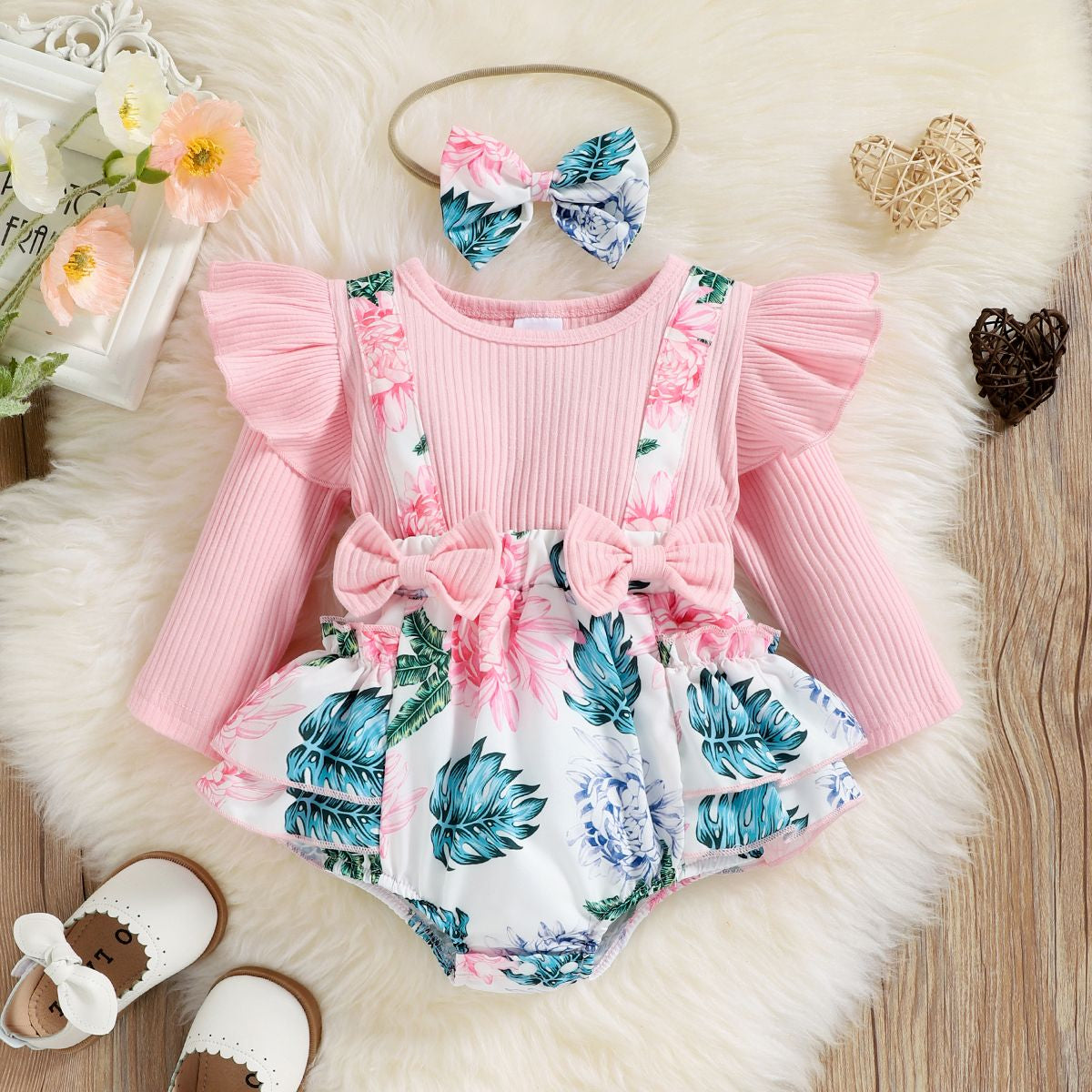 2PCS Charming Floral Print Bowknot Long Sleeve Baby Romper