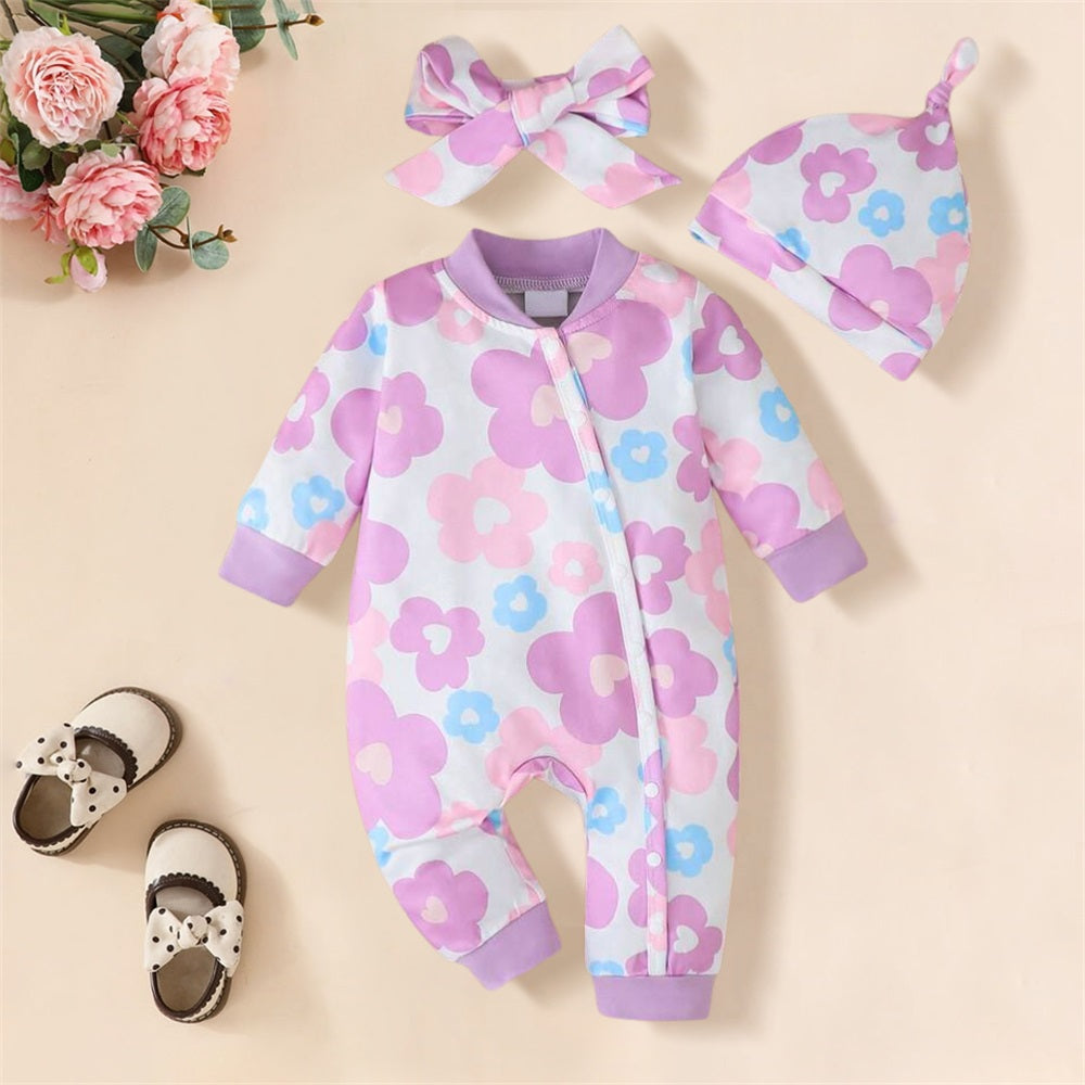 3PCS Adorable Floral Printed Long Sleeve Baby Jumpsuit
